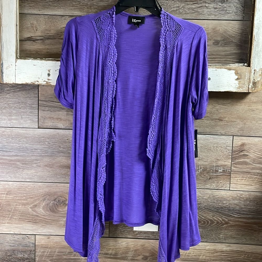 IZ Byer Ladies Cardigan,Size Small,Purple with Crocheted Trim, NWT New with Tags